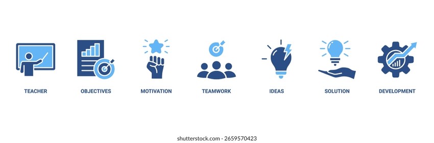 Workshop banner web icon vetor ilustração conceito com ícone de professor, objetivos, motivação, trabalho em equipe, ideias, solução e desenvolvimento