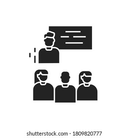 Workshop black glyph icon. Tutor, educator, teacher. Group training. Pictogram for web page, mobile app. UI UX GUI design element.