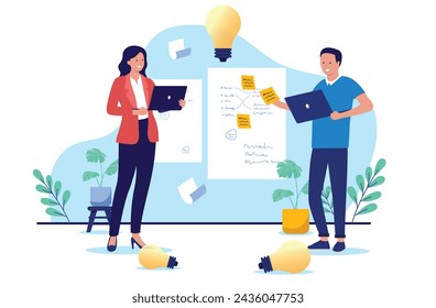 Workshop brainstorm and ideas - People working on innovation process with sticky notes on whiteboard coming up with business ideas. Flat design vector illustration with white background