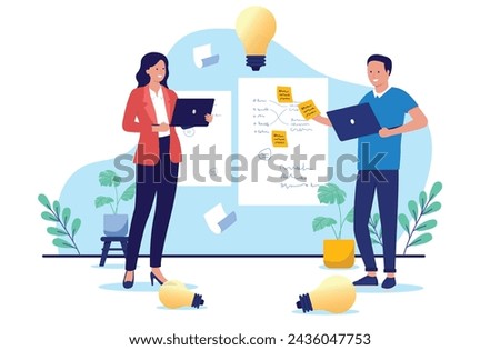 Workshop brainstorm and ideas - People working on innovation process with sticky notes on whiteboard coming up with business ideas. Flat design vector illustration with white background