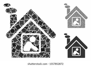 Workshop building composition of trembly parts in variable sizes and color tints, based on workshop building icon. Vector rugged dots are combined into collage.