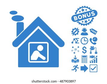 Workshop Building icon with bonus design elements. Vector illustration style is flat iconic symbols, cobalt color, white background.
