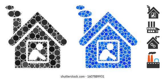 Workshop building mosaic of filled circles in variable sizes and shades, based on workshop building icon. Vector filled circles are organized into blue mosaic.