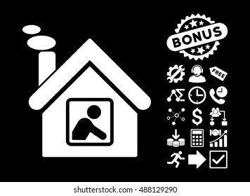 Workshop Building pictograph with bonus elements. Vector illustration style is flat iconic symbols, white color, black background.