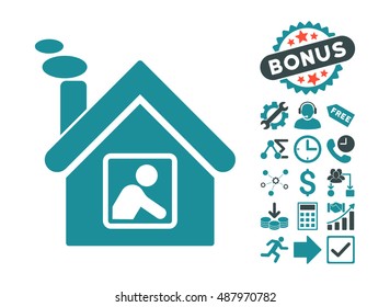 Workshop Building pictograph with bonus images. Vector illustration style is flat iconic bicolor symbols, soft blue colors, white background.