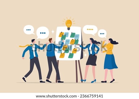 Workshop or business discussion, meeting or brainstorm new idea, training course class, Q and A, question and answer chat, business people in workshop meeting room with whiteboard and sticky notes.