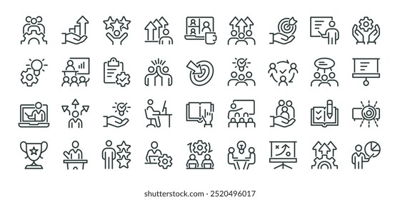 Workshop, business education, online learning icons pack. Such line signs as team building, coaching meeting, managing and motivation. Vector icons set for web and app in outline editable stroke.