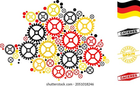 Workshop Caceres Province map collage and stamps. Vector collage is formed from clock gear items in various sizes, and Germany flag official colors - red, yellow, black.