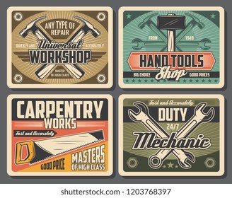 Workshop and carpentry tools, retro design. Hammer and wrench, spanner and saw vector tools. Construction and repair work, instruments shop, mechanic on duty service