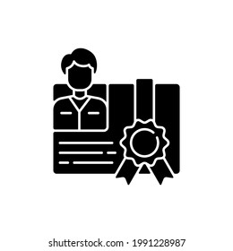 Icono de glifo negro del certificado del taller. Resultado del estudio. Prueba de competencia. Forma con foto. Obteniendo habilidades profesionales. Símbolo de silueta en el espacio blanco. Ilustración aislada del vector