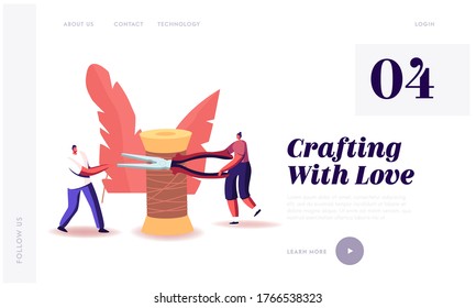 Workshop Class Landing Page Template. Tiny Characters Handmade Hobby or Sewing Activity. Man Holding Thread or Wire, Woman Cut it with Pliers Standing at Huge Spool. Cartoon People Vector Illustration