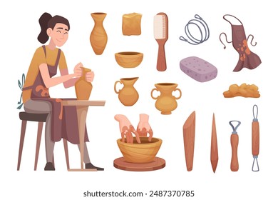 Workshop of clay pot production working tools exact vector cartoon set