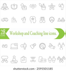 Workshop and Coaching line icons. Outline icon collection related to training, coaching, mentoring, education, meetings, conferences, and teamwork.