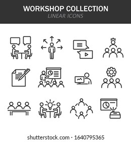 Workshop collection linear icons in black on a white background