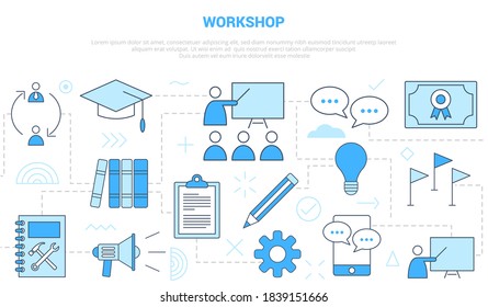 concepto de taller con banner de plantilla de conjunto de estilo de línea de icono con color azul moderno