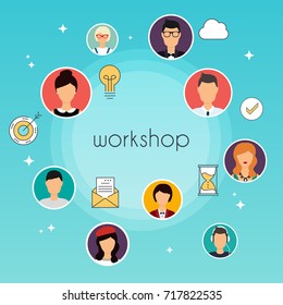 Workshop concept illustration. Team building, workshop, training skill. Communication Systems and Technologies.