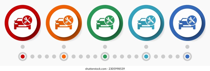 Workshop concept vector icon set, infographic template, flat design circle colorful web buttons in 5 color options