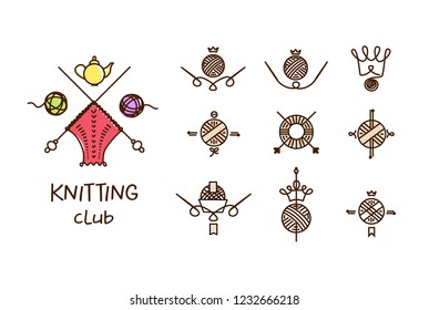 Workshop, course, master class vector template logo, badge, label. I love to knit together. Line set of knitting and craft. Knit and Crochet. Element corporate identity for home family hobby club.