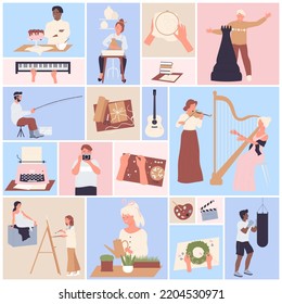 Workshop, creation activity and hobby of people set vector illustration. Cartoon woman painting and planting, girls play harp, man baking, fishing and boxing in geometric square collage background