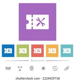 Workshop discount coupon flat white icons in square backgrounds. 6 bonus icons included.