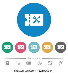 Workshop discount coupon flat white icons on round color backgrounds. 6 bonus icons included.