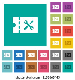 Workshop discount coupon multi colored flat icons on plain square backgrounds. Included white and darker icon variations for hover or active effects.