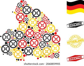 Workshop Drenthe Province map collage and seals. Vector collage is designed from workshop elements in variable sizes, and German flag official colors - red, yellow, black.