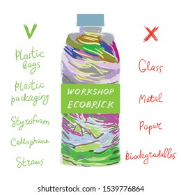 Workshop Ecobrick is a plastic bottle packed with clean and dry, used plastic to make a reusable building block. Eco Bricks, Ecolladrillos, bottle bricks. Less plastic going into the biospher. Vector