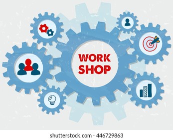 workshop and education symbols in grunge flat design gear wheels infographic, learning conceptual words and signs, vector