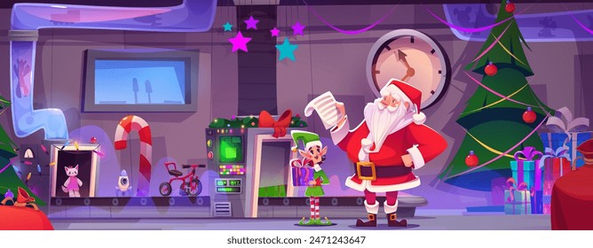 Workshop factory interior with Santa Claus and elf. Toy wrapping conveyor production with pipe and decorated building. Manufacture machine on horizontal banner for festive Christmas winter season