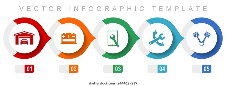 Workshop flat design infographic template, miscellaneous symbols such as pistons, battery, service and tools, vector icons collection