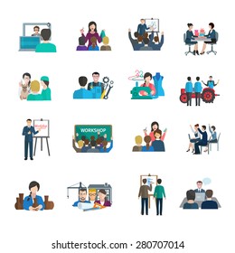 Workshop flat icons set with business leader presentation teamwork organization isolated vector illustration