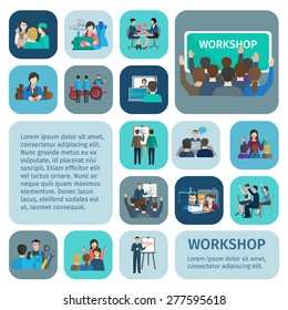 Workshop flat icons set with businessmen and workers teamwork symbols isolated vector illustration