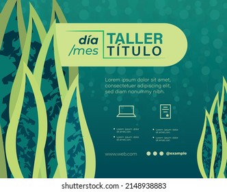 Workshop flyer template in shades of green. The text says: virtual workshop, day, month. 
