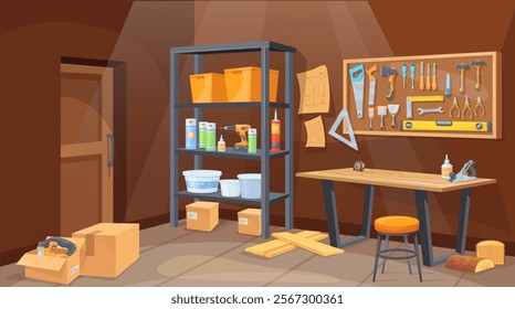 Workshop garage interior. Home shed or storage room inside house, mechanic or carpenter workbench with repair tool peg board wall hardware shelf, cartoon neat vector illustration original artwork