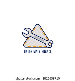 Workshop garage logo icon symbol sign with wrench, under maintenance logo icon with wrench fixer illustration on triangle emblem badge signage