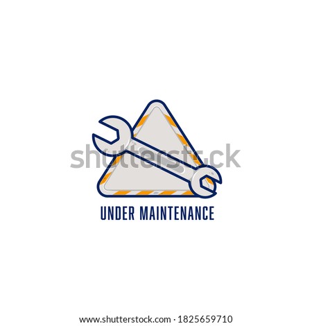 Workshop garage logo icon symbol sign with wrench, under maintenance logo icon with wrench fixer illustration on triangle emblem badge signage