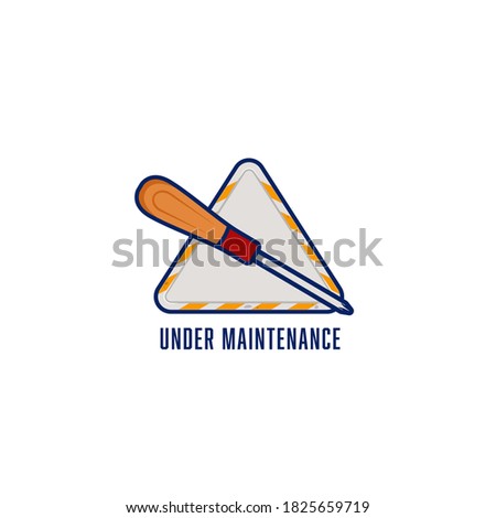 Workshop garage logo icon symbol sign with screwdriver, under maintenance logo icon with screwdriver fixer illustration on triangle emblem badge signage
