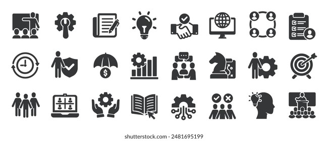 Workshop glyph solid icons collection. Containing consultation, coaching, leadership, marketing, presentation. For website marketing design, logo, app, template, ui, etc. Vector illustration.