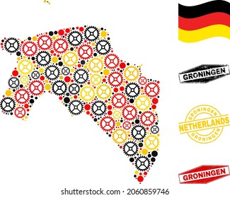 Workshop Groningen Province map collage and stamps. Vector collage is composed of workshop elements in variable sizes, and German flag official colors - red, yellow, black.