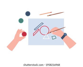 Workshop handcraft or class painting for creating creative crafts handmade. Top view on human hands drawing on paper brush with color paints. Flat vector isolated illustration.