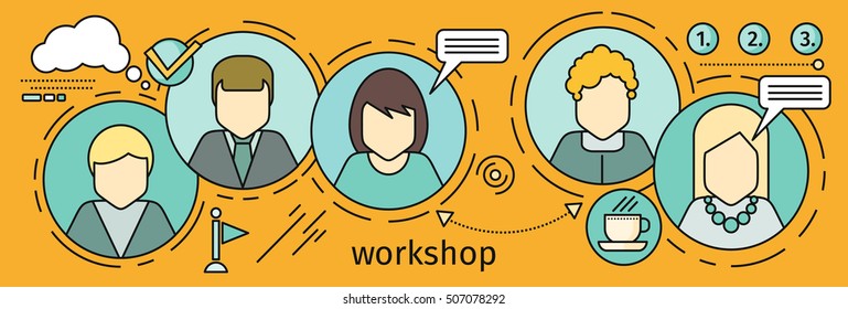 Workshop horizontal vector concept in flat style. Self development, personal qualifying training. Illustration for educational companies, career courses advertising, web page design