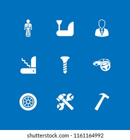 workshop icon. 9 workshop set with hammer, car wheel, screw and mechanic vector icons for web and mobile app