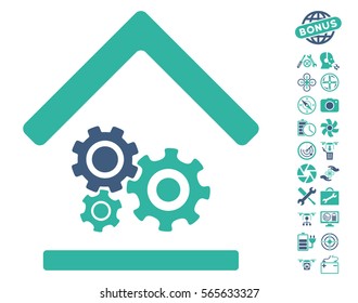 Workshop icon with bonus flying drone tools icon set. Vector illustration style is flat iconic cobalt and cyan symbols on white background.