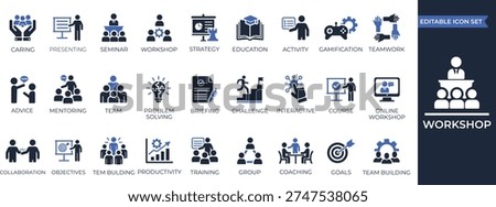 Workshop icon collection. Containing team building, collaboration, assessment, audience, teamwork, coaching, brainstorm, briefing, broadband, and education icons. Solid icon collection.