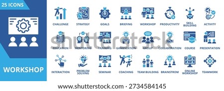 Workshop icon collection set. Containing challenge, strategy, briefing, goals, productivity, skill building, education, mentoring icon. Simple flat vector
