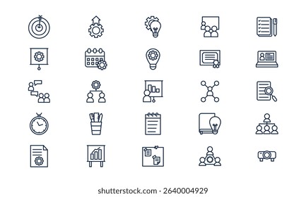 Workshop icon depicting learning session, collaborative training, and professional development in outline style