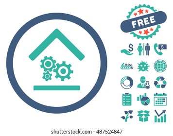 Workshop icon with free bonus pictograph collection. Vector illustration style is flat iconic bicolor symbols, cobalt and cyan colors, white background.