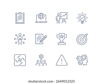 Workshop icon, minimal business training symbol including coaching, teamwork, collaboration, leadership development, representation, simple seminar and skill building line flat vector illustration.