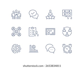 Workshop icon, minimal business training symbol including coaching, teamwork, collaboration, leadership development, representation, simple seminar and skill building line flat vector illustration.